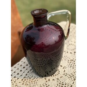 Amethyst Glass Wine Jar Jug Decanter‎ w/ Clear Squared Handle ITALY 1960s 6 3/4"